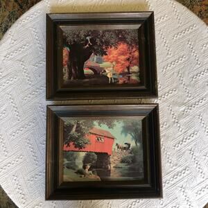 Lithograph 1968 Art Prints Paul Detlefsen Gathering Apples Covered Bridge 9x12